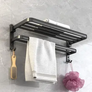 Black Towel Racks for Bathroom Towel Shelf with Double Towel Bars Lavatory Wall Mount Holder with Hooks Hotel Bath Rack (Matte Black )