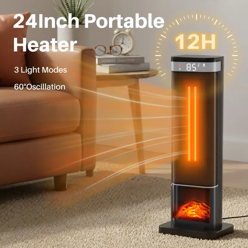 Sweet Furniture S - 24inch Space Heaters for Indoor Use, Portable Heater with 3 Light Colors, Adjustable Thermostat with Remote, Tip-over Protection Up to 95°F, 60°Oscillation