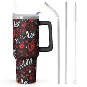 40 oz Valentine's Day Tumbler with "Love" & Heart Design – Insulated Stainless Steel Travel Mug with Handle, Straw Lid, Metal Straws & Cleaning Brush, Leak-Proof, Cup Holder Friendly, Perfect Gift for Couples or Her