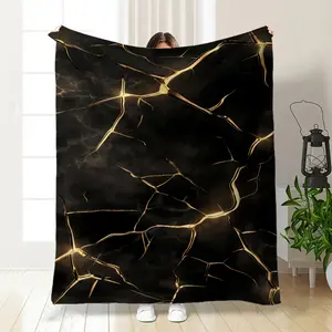 Black Gold Kintsugi Marble Throw Blanket Luxe Cracked Gold Marble Print Flannel Cozy Soft for Modern Glam Home Decor
