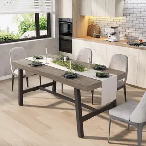Industrial Dining Table for 4-6 People, 63" Long Kitchen Table with Sturdy Metal Frame, Rectangular Counter for Dinner, Kitchen, Dining Room (Grey Walnut, 63" Non-extendable)