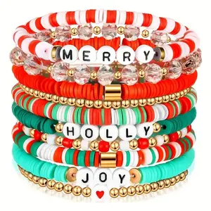 MANY [Christmas Holiday Bracelet Set] 10-Pack Festive Polymer Clay Heishi Stretch Bracelets with Joyful Messages Plastic Bead Jewelry Gift for Women Seasonal Party Accessories.