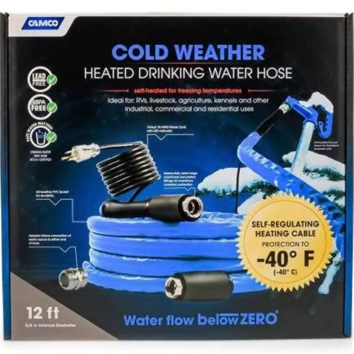 Camco  Cold Weather Heated Drinking Water Hose, Self-Heating, Female Connectors, Self-Adjusting