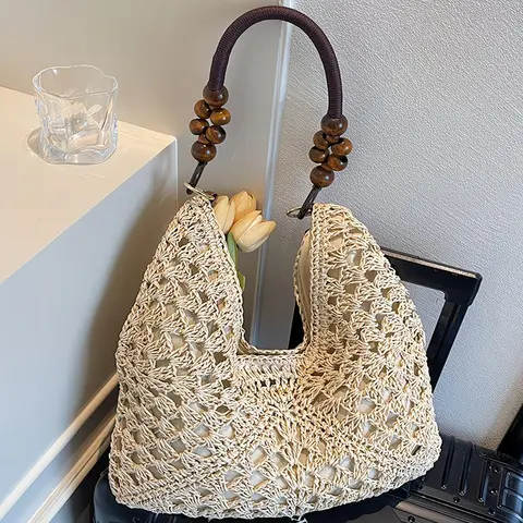 Unisex Chic Bohemian Straw Handbag - Handcrafted Lightweight Woven Paper Rope Crocheted Braided Casual Crossbody Shoulder Purse, Sports & Outdoor Gym Accessory for Summer Vacations
