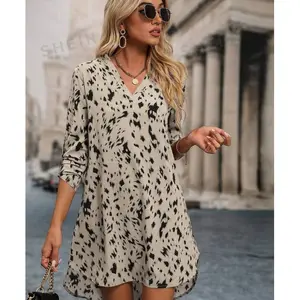 Allover Print Roll Up Sleeve Dress Ladies Casual High Low Long Sleeve V Neck Regular Fit Short Apricot Roll Up Sleeve All Over Print Tunic Women Short Dresses