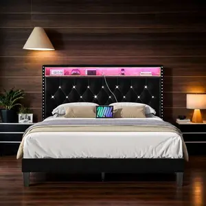 Modern LED Strip Bed Frame Velvet Diamond Tufted Charging Station Storage Headboard Multi Sizes