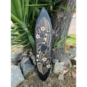 Hibiscus and Sea Turtle Tribal Surfboard Wood Carving Wall Plaque 39"x 10"