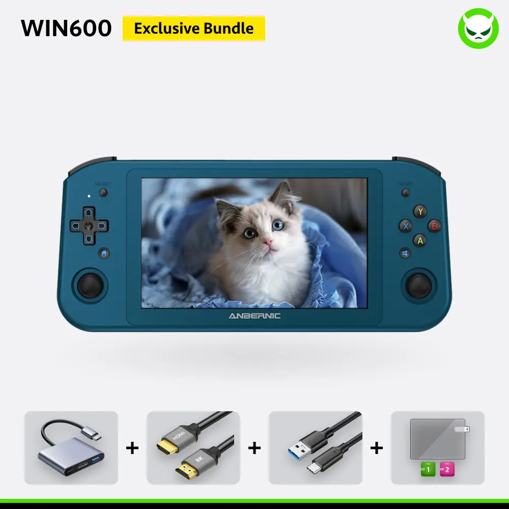 Anbernic Win600 Handheld Gaming Console (Blue-AMD3050E-16GB+1TB) Exclusive Bundle with High-Resolution HDMI Cable, Multi-Port Adapter, Screen Protector, 45W Charger, 5G WiFi, 4.2 Bluetooth, 3050E Dali APU, 5.94in Screen, 9000mAh/33.3Wh Chargeable Battery