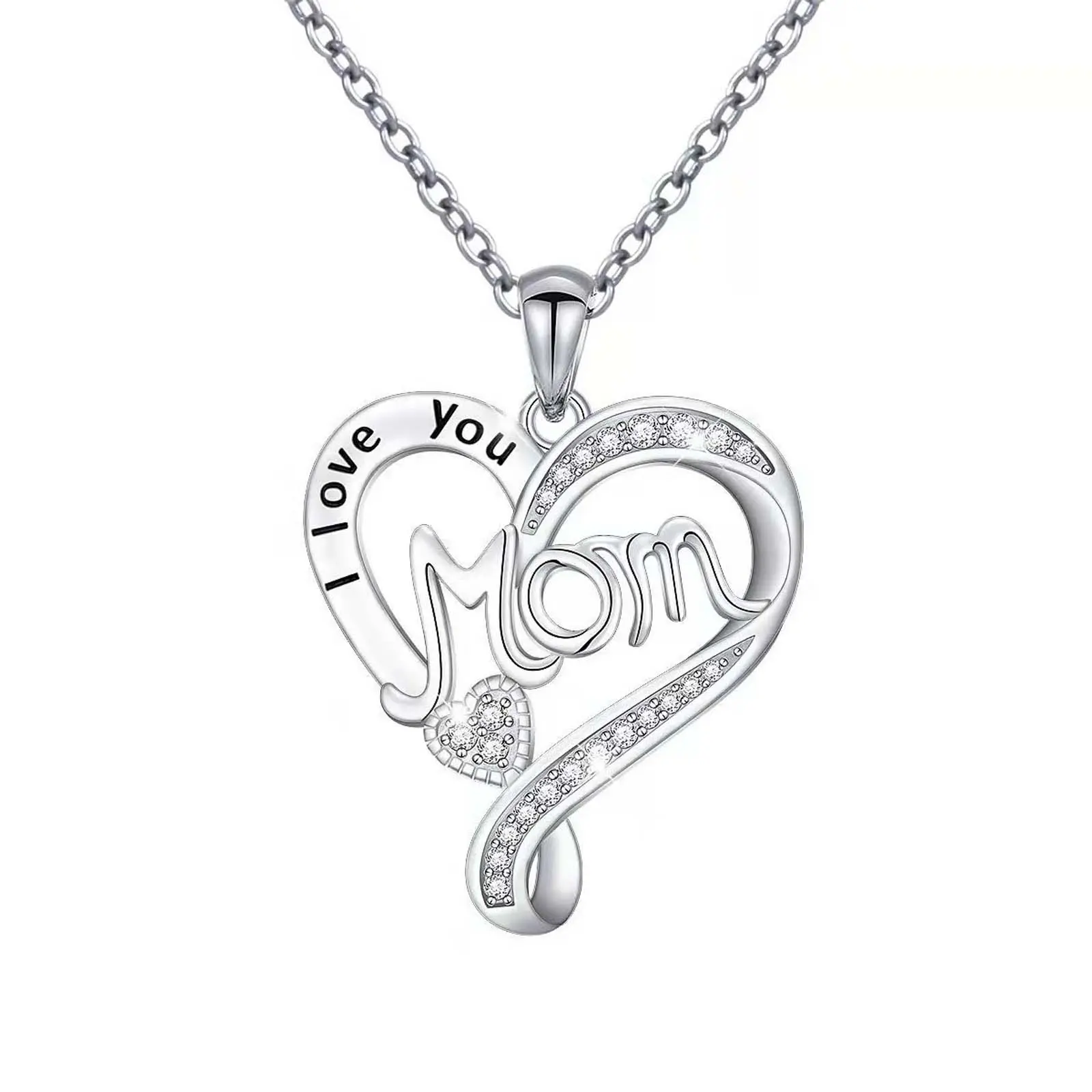Hollow Heart CZ Accent Pendant Necklace - Unisex Adults' Jewelry with "I LOVE YOU MOM" Inscription, Thoughtful Gift for Daily Wear, Affectionate Holiday Present for Mom