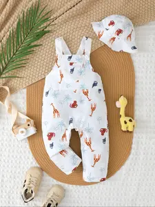 Cute Cartoon Animal Print Overall Pants with Pockets, Casual Style Long Pants for Outdoors, Sun Protection Hat Included, Baby Boy Clothes