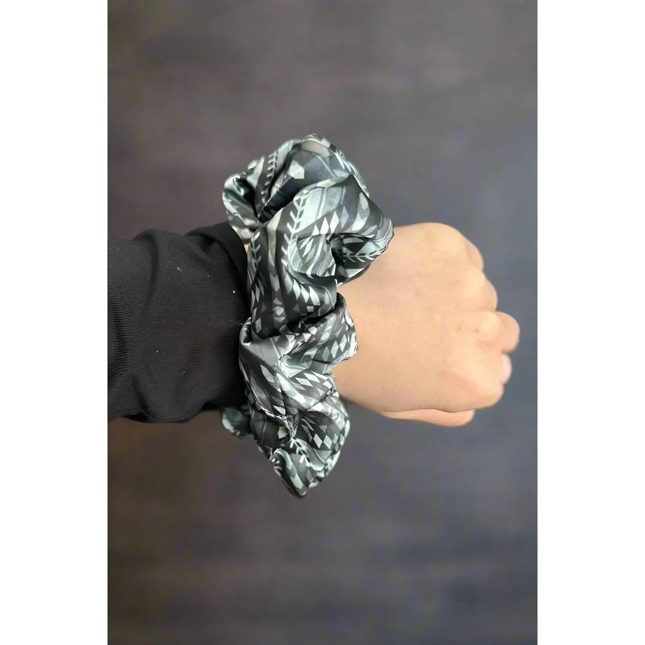 Coyote Call Western Aztec Scrunchie — Sterling Kreek Black, White & Grey Pattern (5" x 1.5")