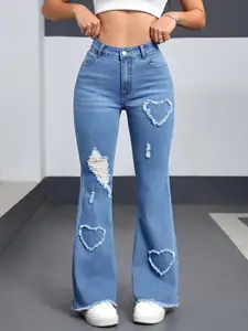 Women's Blue Jeans, Elastic Heart Pattern, Ripped Micro Flare, Casual Long Pants, Embroidered, Loose-Fitting, All Seasons
