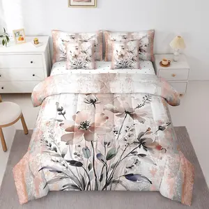 Feelyou 7-Piece Ultra Soft Abstract Oil Painting Print Microfiber Comforter Set - Rustic Farmhouse Bedding with Orange Autumn Floral Ombre Yellow Gray Sheets, Soft Bedding Sets, Multi-Size Options, Microfiber Bedding Set