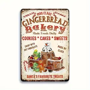 Vintage Gingerbread Christmas Snowman Tin Sign - 8x12 Inch, Rustic Wall Decor for Home, Porch, Farmhouse, Bar, Cafe, Garage, Featuring "Mrs. Claus Gingerbread Bakery" Theme with Snowflakes and Festive Illustrations, Christmas Home Decor