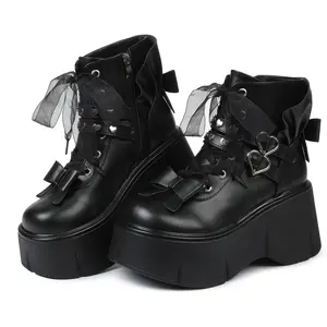 Black Platform Ankle Boots for Women Goth Rave Shoes Punk Rivet Lace Up Zipper Round Toe Wedge Chunky High Heels Buckle Booties Comfort Flatform Walking