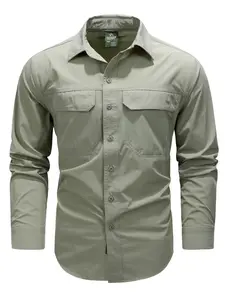 Men's Solid Pocket Button Front Shirt, Casual Long Sleeve Collared Top for Outdoor Hiking, Fashion Men's Clothes for All Seasons, Casual Pocket Design