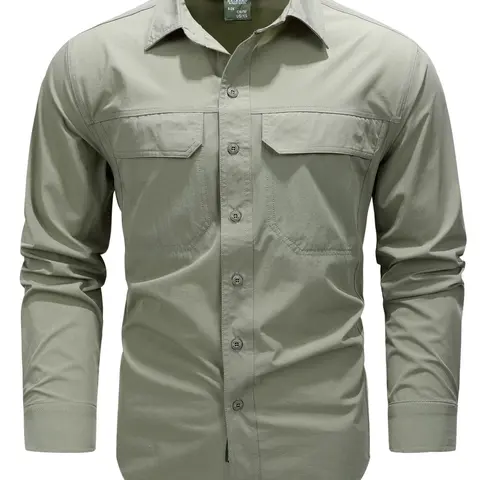 Men's Solid Pocket Button Front Shirt, Casual Button Up, Casual Outings Shirt, Casual Long Sleeve Collared Top for Outdoor Hiking, Fashion Men's Clothes for All Seasons, Casual Pocket Design