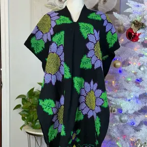Handmade Mexican Artisanal Poncho with Vibrant Floral Patterns for Festive Wear