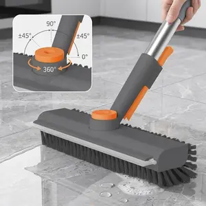 3 in 1 Floor Scrub Brush with Long Handle, 54 inch Adjustable Stiff Bristle Floor Scrubber & Squeegee, 360° Rotating Head Heavy Duty Deck Brush for Cleaning Shower Bathroom Tile Tub Kitchen Patio Garage Pool Wall - Hair Clip Included