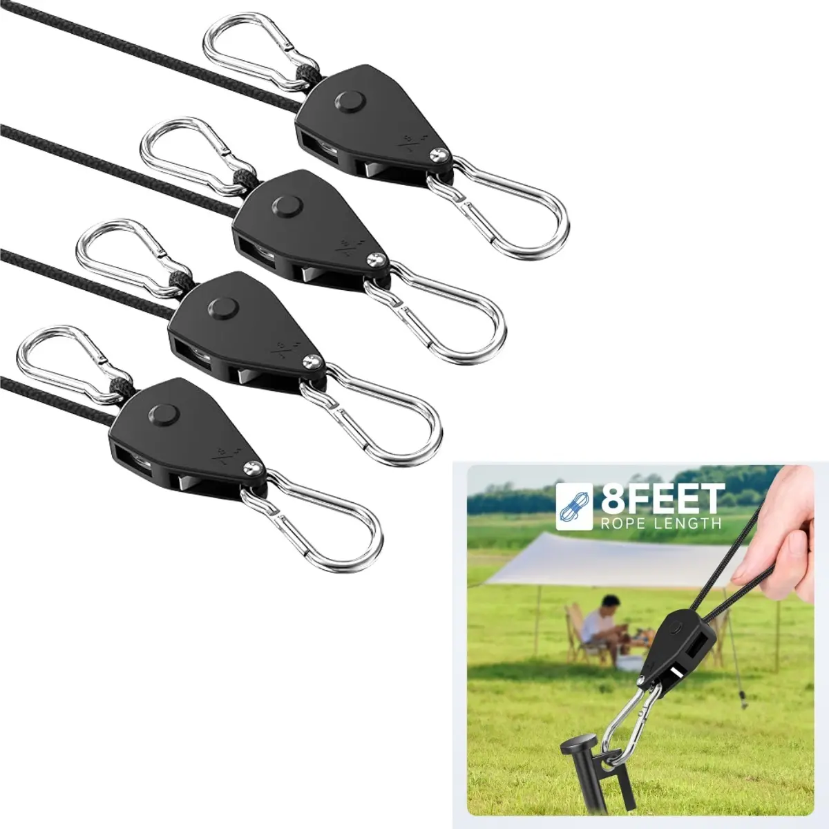 8pc 1/8" Adjustable Rope Hanger, Heavy Duty Ratchet Tie Down Strap with Reinforced Metal Gear, Ratcheting Pulley System Kayak Straps for Hanging Plants Grow Light and Various Tie-Down Uses