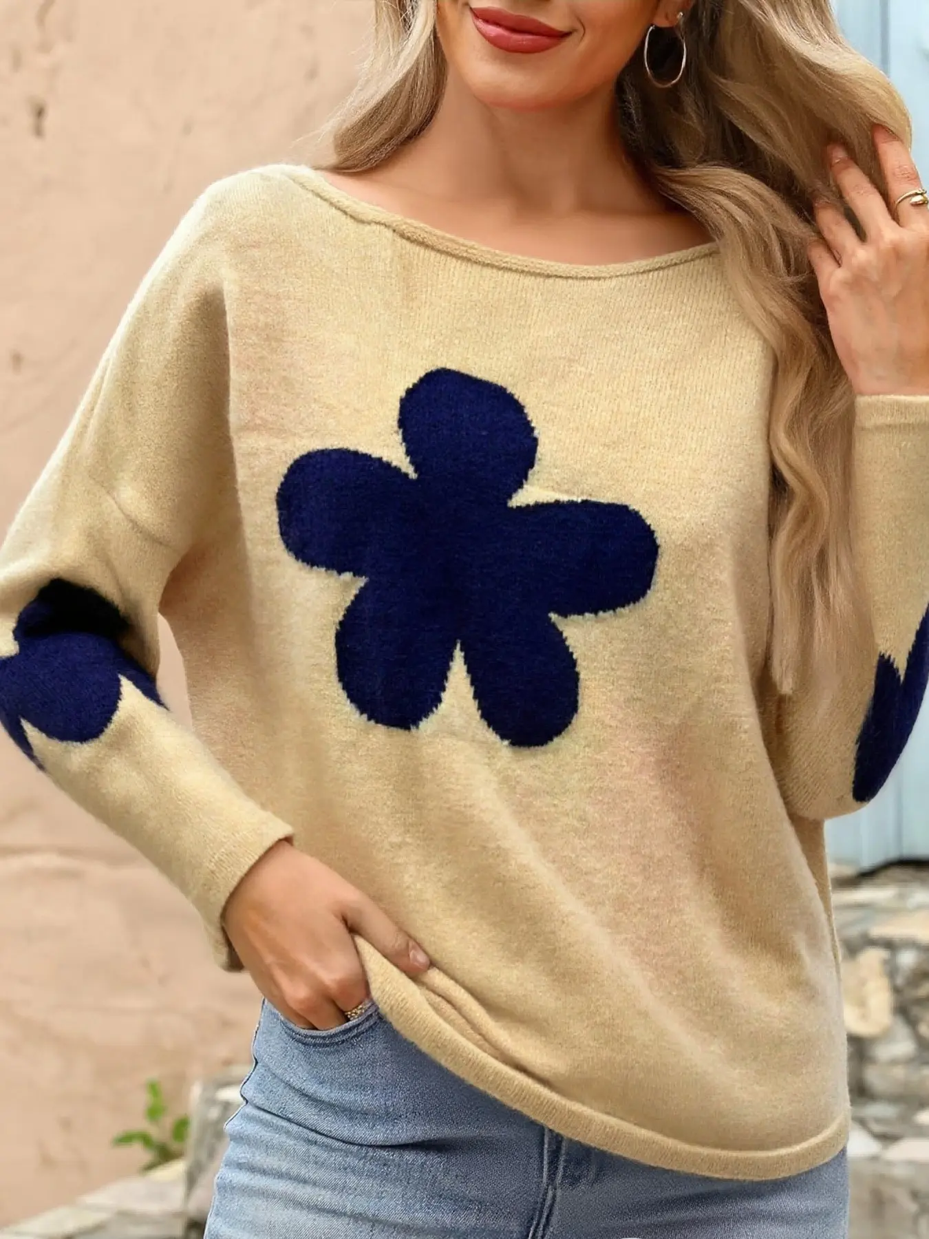 Spring Autumn Women's Plus Size Boat Neck Long Knit Sweater, Casual Boho Style, Plain Pattern, Inner Wear Outerwear