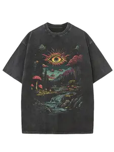 Summer T-Shirt, 230G Washed T-Shirt, "Fantasy Forest And Sun Eye", Pattern Printed T-Shirt, Wax Printed Cotton Thickness, Outdoor Activities, Great Gi y2k,soulja,concert,Halloween,Gothic,Vintage,Streetwear Graphic Y2K Streetwear Graphic Tee