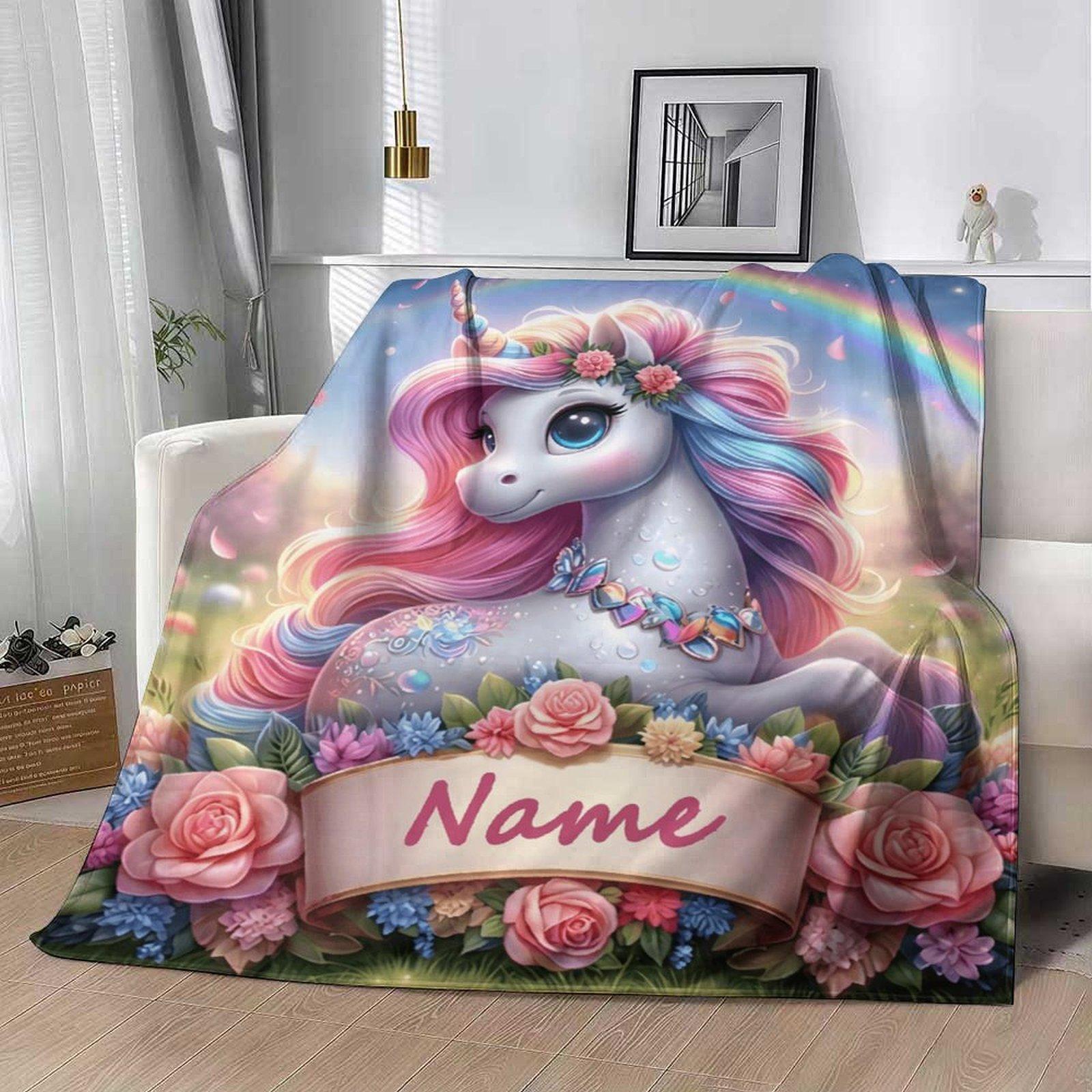 Custom Name  Cute Unicorn Blanket ,Personalized Name Gift ,Suit for The Sofa, Bed, Travel, Camping, Living Room, Office, Chair，Gifts for Family or Child  ,Friend , Send your custom text via shop chat to personalize