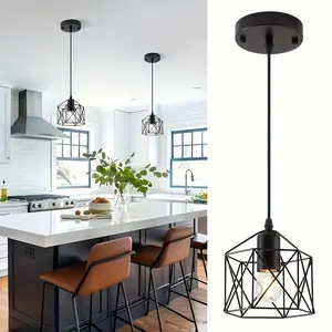 2 Pack 1 Light Vintage Industrial Metal Pendant Light Fixture, Semi-Flush Ceiling Light with Mounting Hardware, Wired Cage Pendant Light for Kitchen Island, Dining Room, Hallway, Hotel, Bar - Light Source Not Included