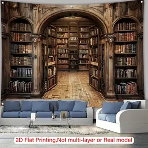 Vintage Library Bookshelf Backdrop Classic Study Theme Tapestry Wall Hanging Photography Background for Reading Room Decor Book Club Event Home Office Party Supplies