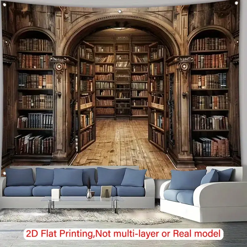Vintage Library Bookshelf Backdrop Classic Study Theme Tapestry Wall Hanging Photography Background for Reading Room Decor Book Club Event Home Office Party Supplies