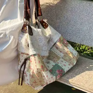 Back to School Ethnic Lace Tote Bag Retro Large Capacity Foldable Shoulder Bag for College Students Commute Outdoor Versatile Fashion