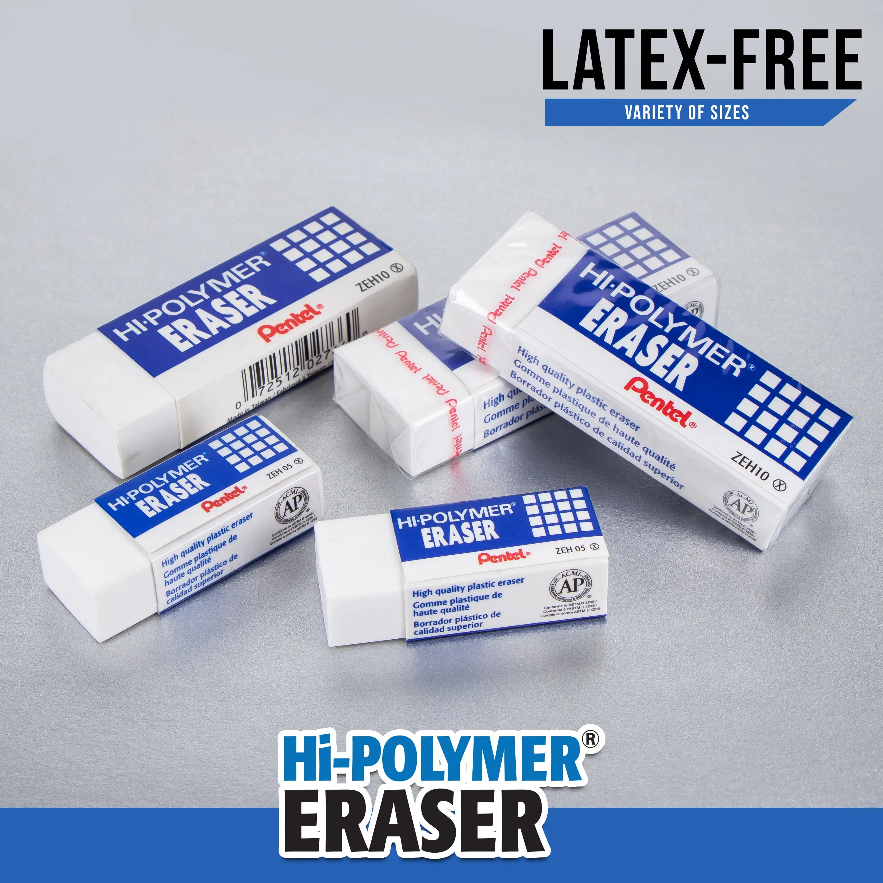 Pentel Hi-Polymer Large White Block Erasers - Latex-Free, Clean Erase, 3-Pack, Block Shape