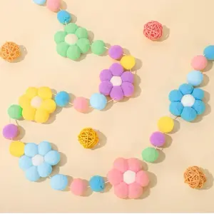 Boho Flower Felt Banner 3D Flower Pom Pom Balls Banner Pastel Daisy Garland Floral Bunting Garland for Spring Party Supplies Hanging Decoration