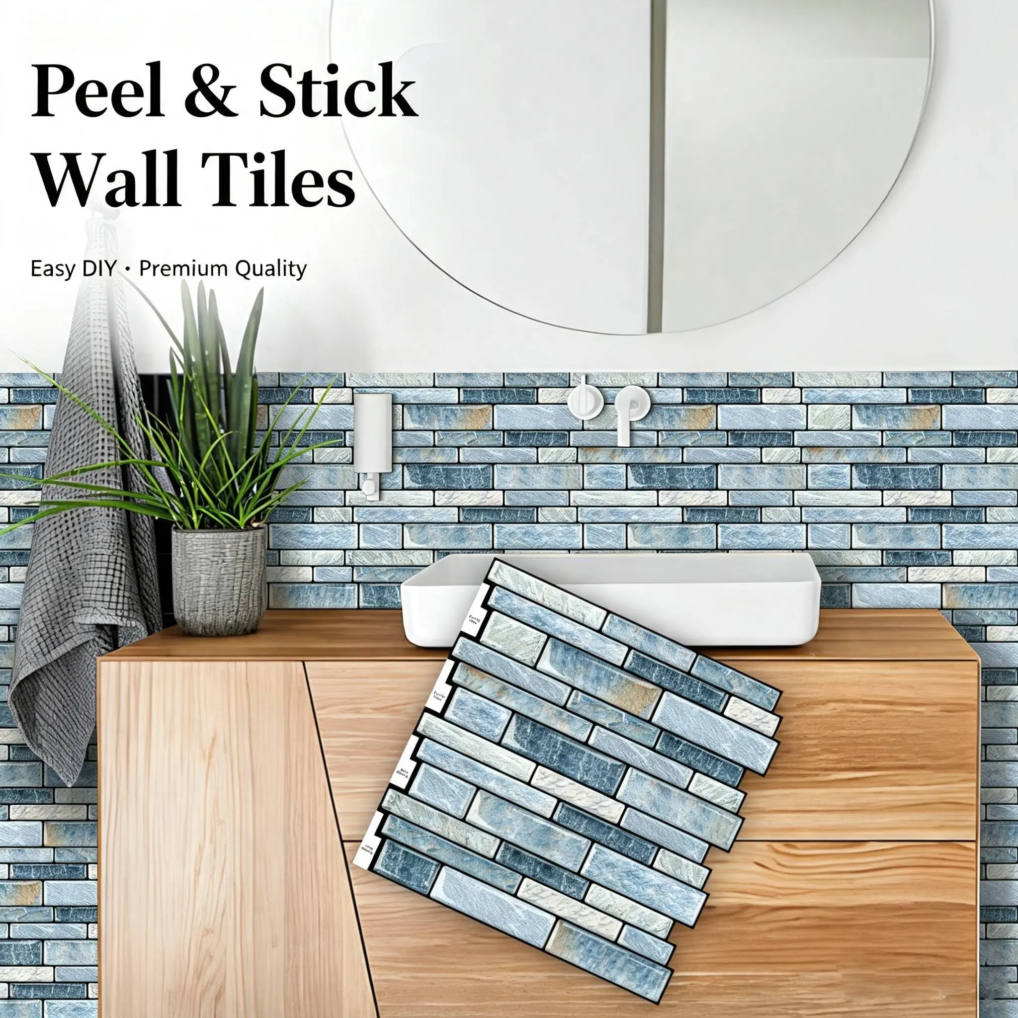 MOONFUN 3D Peel and Stick Wall Tiles, 10-Pack 12×12in (30.5×30.5cm) Blue Stone-Look Removable Stickers, Smooth Thick Waterproof Durable Decor for Kitchen & Bathroom Walls self-adhesive