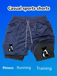 Wolf and fox print two-in-one double-layer casual sports shorts, suitable for men in summer. Lightweight and quick-drying, with zipper pockets, breathable elastic waistband with drawstring, comfortable running training mobile phone shorts