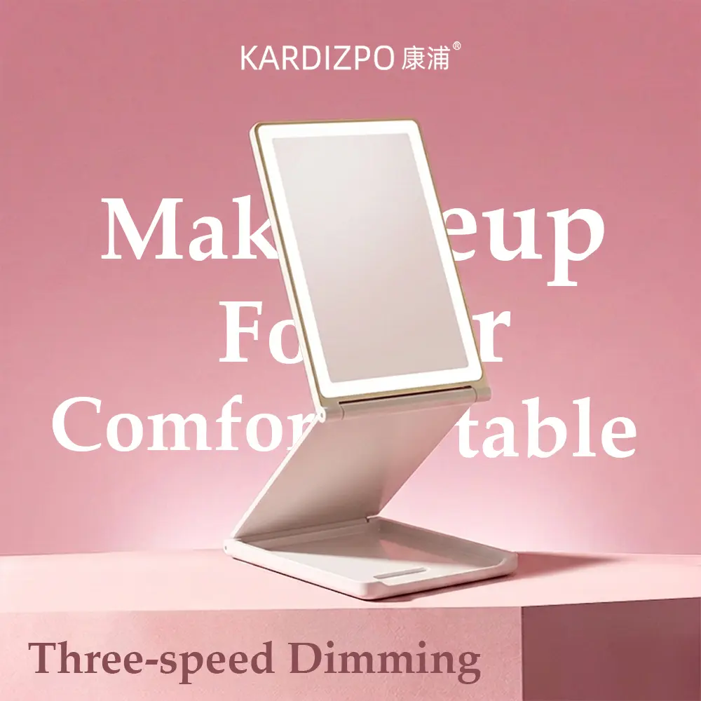 Portable Makeup Mirror – Tri-fold Design with Adjustable Height and LED Light, Stylish Desktop Travel Mirror