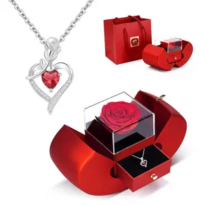 Preserved Real Rose Gift with Red Diamont Necklace,Cute Gifts for Girlfriends,Women,Mother,Wife,Gifts Idea on Mother`s Day,Valentine`s Day,Christmas,Birthday