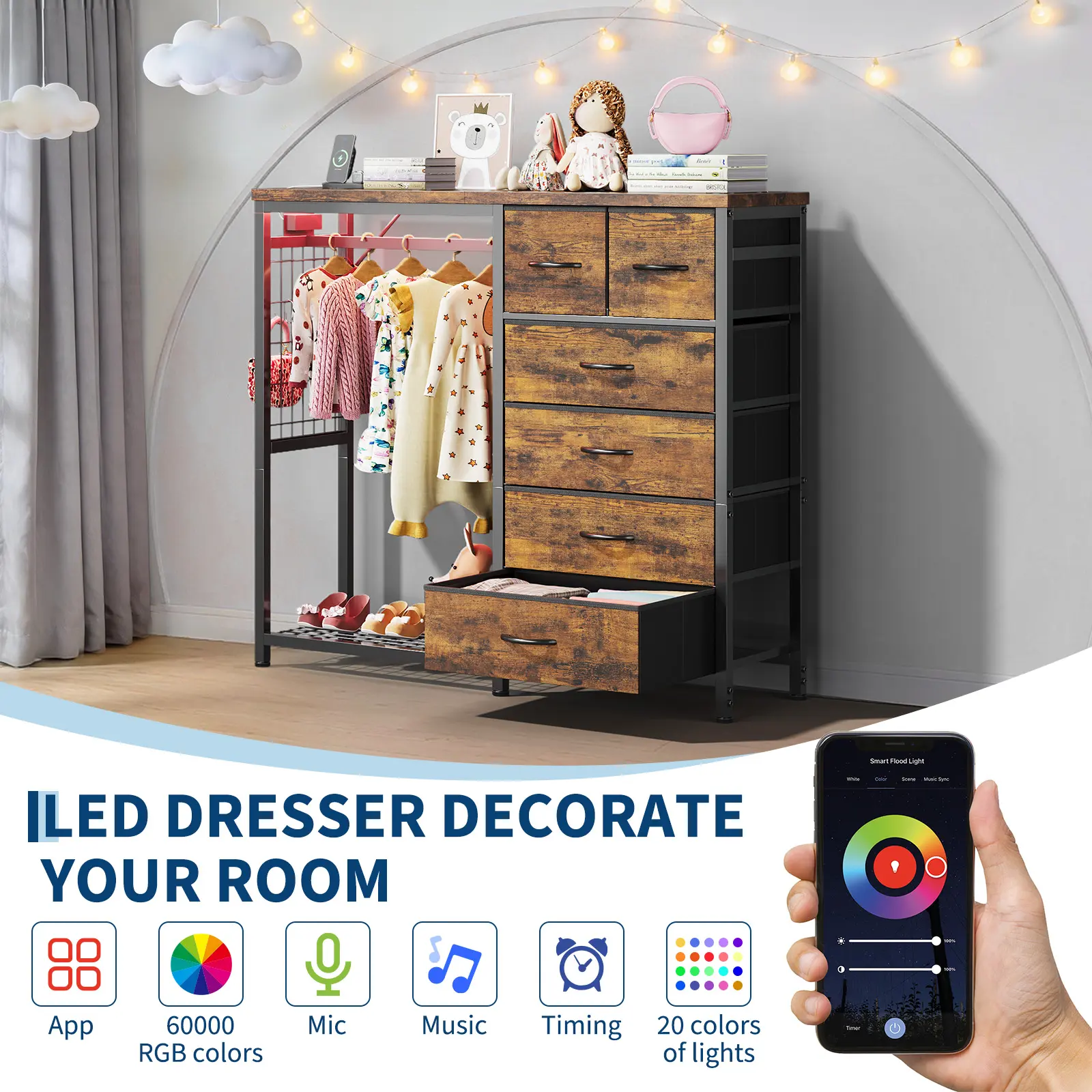 4/6 Drawer Dresser with Hanging Rack, Fabric Drawer Small Wardrobe with Open Shelf, 2-in-1 Small Closet for Bedroom Living Room Hallway