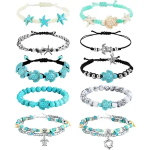 MILACOLATO 10 PCS Turtle Ankle Bracelets for Women Waterproof Handmade Starfish Sea Turtle Bracelet Adjustable Boho Summer Beach Bracelets for Women Men Bahamas Souvenirs