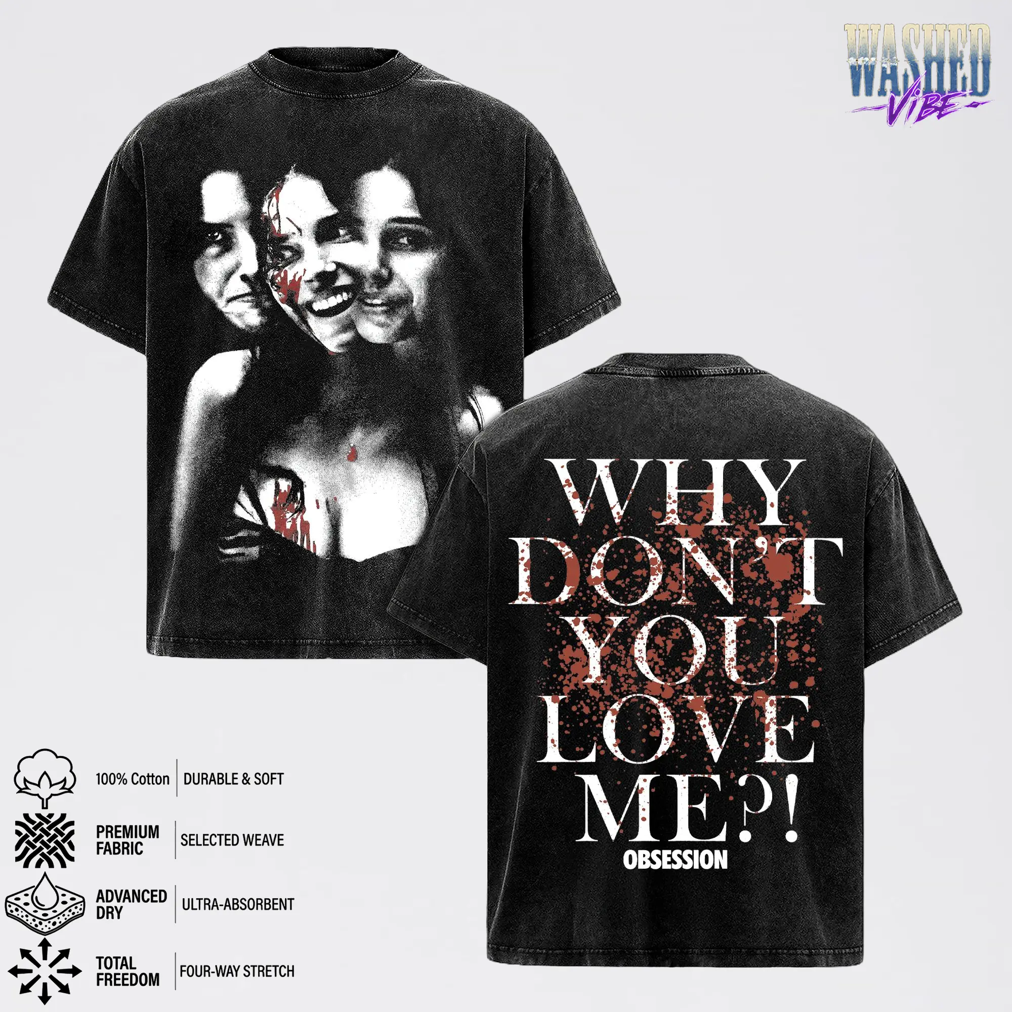 Vintage Obsession 2026 Horror Movie Acid Wash Oversized T-Shirt, Retro Slasher Film Graphic Tee, Premium Heavyweight Cotton Dark Horror Streetwear Fashion Top, Psychological Thriller Aesthetic Unisex Fan Merch, TikTok Viral Horror Washed Tee