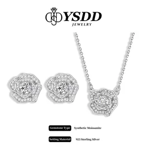 【11.28 Valentine's Day Special】Elegant Rose Necklace and Earring 0.5CT EACH Synthetic Moissanite Jewelry in 925 Sterling Silver