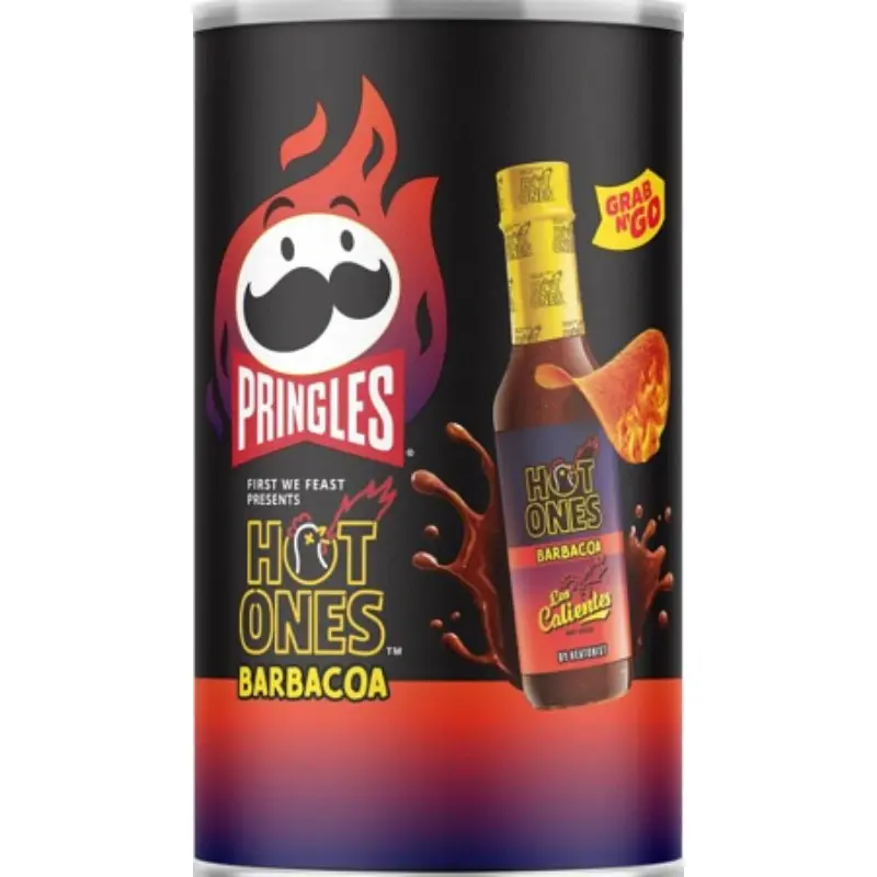 Pringles Hot Ones Barbacoa 3-Pack Crispy Spicy Crisps & Puffed Snacks - 2.5oz Each Chol-Free Savory Potato Chips, Salty Crunchy Chili Flavor, Room Temp Pantry/Office Grab-and-Go Treats