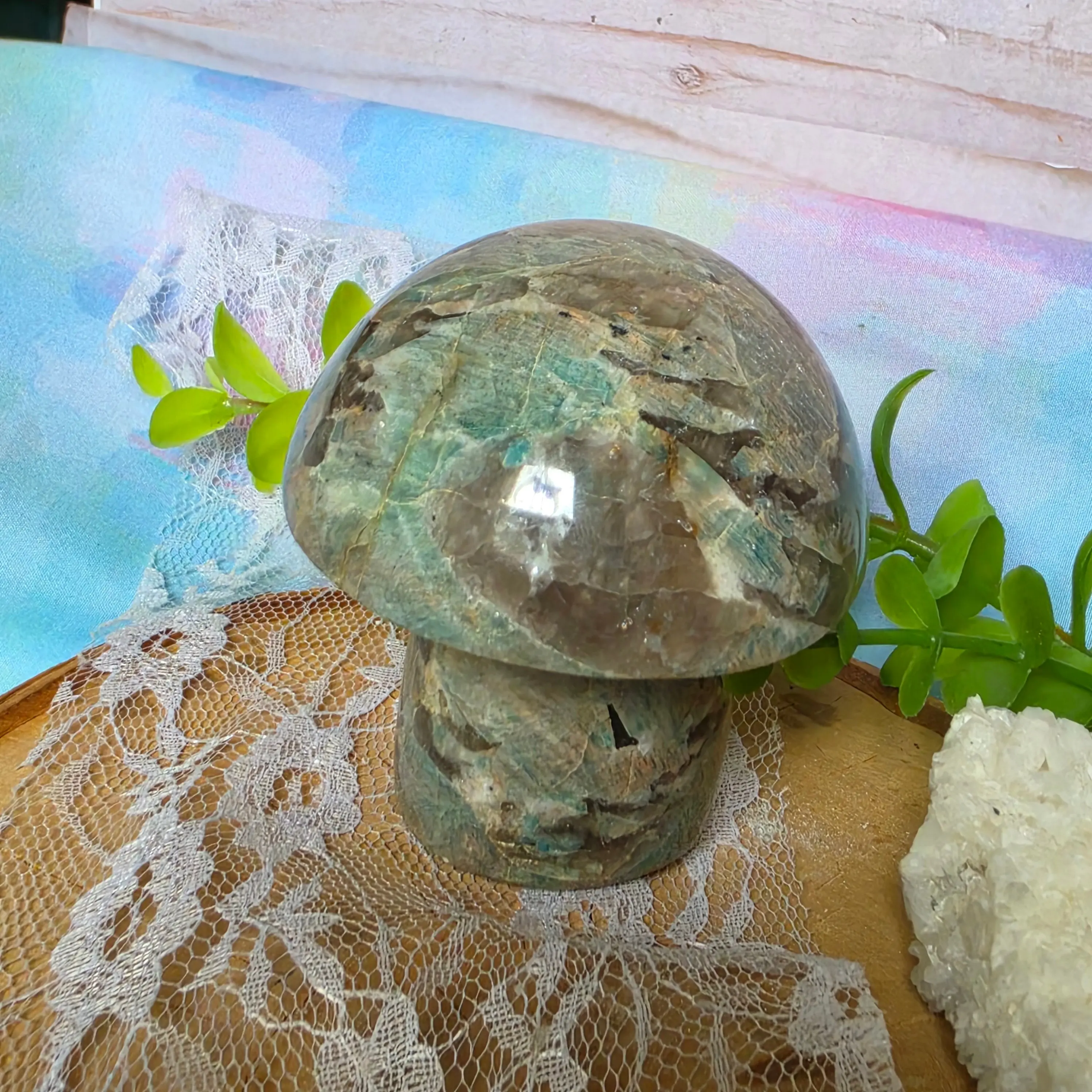 Green Moonstone Mushroom Carving