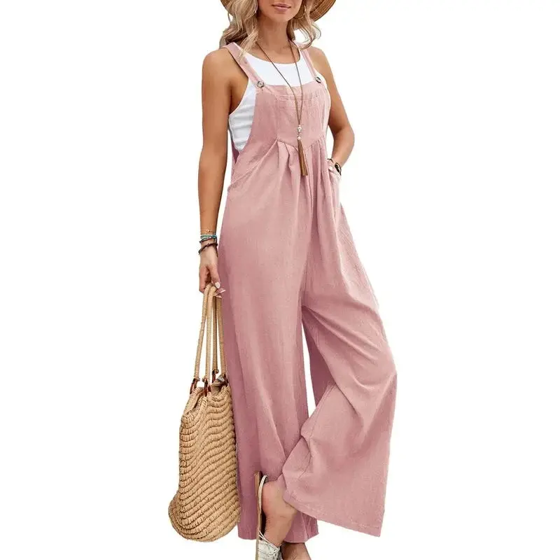 Casual Loose Jumpsuit Women Summer Solid Cotton Linen Straps Wide Leg Pants  Dungaree Bib Overalls Sleeveless Oversized Jumpsuits Womenswear - TikTok  Shop