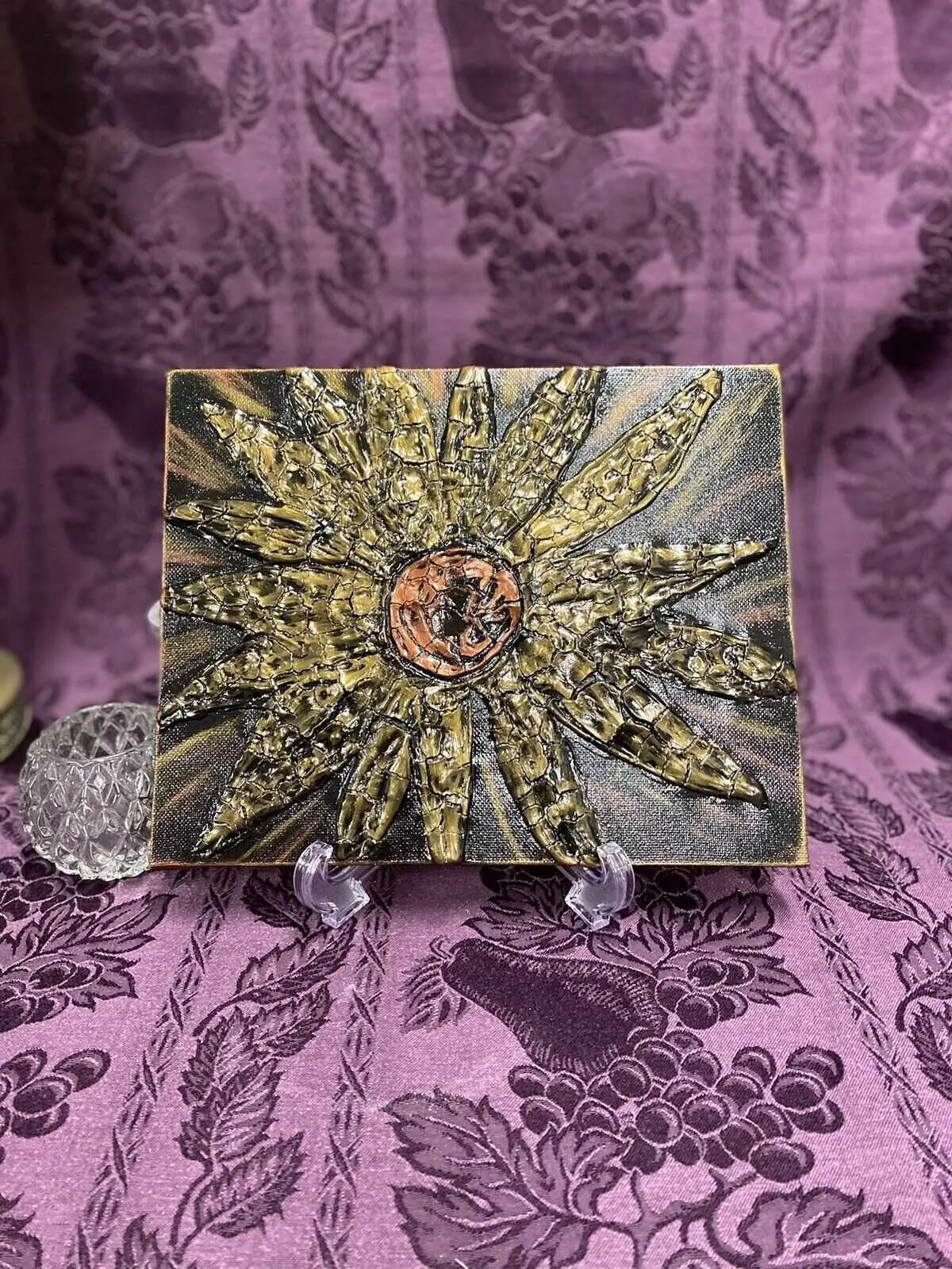 Handmade 8x10 Metallic Sunflower On Black Canvas Art Decor Picture