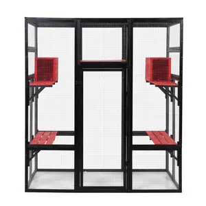 Gothic Outdoor Large Cat Catio, Wood Cat Enclosure with Platforms and Condos, Patio Cat Window Box, Weatherproof, Black and Red