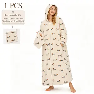 Women's Wearable Blanket with Dog Print, Ultra-Long Hooded Zipper Lamb Fleece, Soft Plush Bathrobe, Free Towel, Comfortable Home Gift