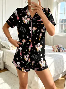 Women's Cartoon Character Print Pajama Set, Comfortable Two-Piece Sleepwear, Short Sleeve Button-Up Top and Elastic Shorts, Casual Loungewear Home Wear Gift, Pjs