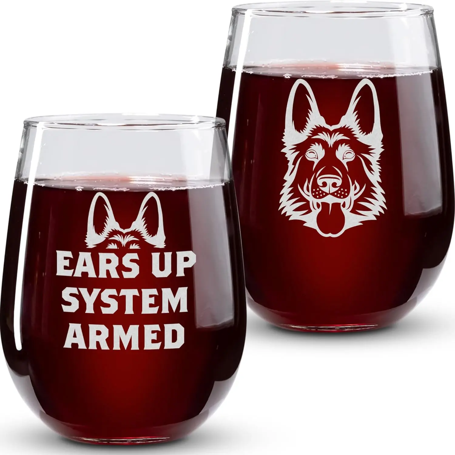 On The Rox Drinks - German Shepherd Engraved Stemless Wine Glasses - 17 oz Set of 2 Stemless Wine Glass Gift Set for Dog Lovers - 'Ears Up System Armed' Funny Dog Gift for Men and Women Drinkware Round