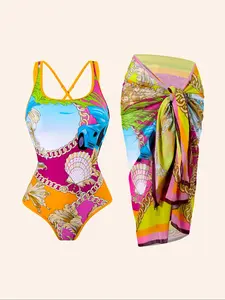 Women's All Over Print Criss Cross Swim Bodysuit & Knot Front Cover Up Skirt Set, Casual Fashion Adjustable Strap Swim Bodysuit & Cover Up Skirt Set, Ladies Summer Swimsuit, Swimwear Cover Up